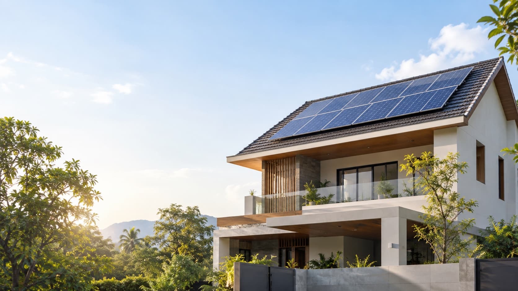 Illustrative home with rooftop solar panels