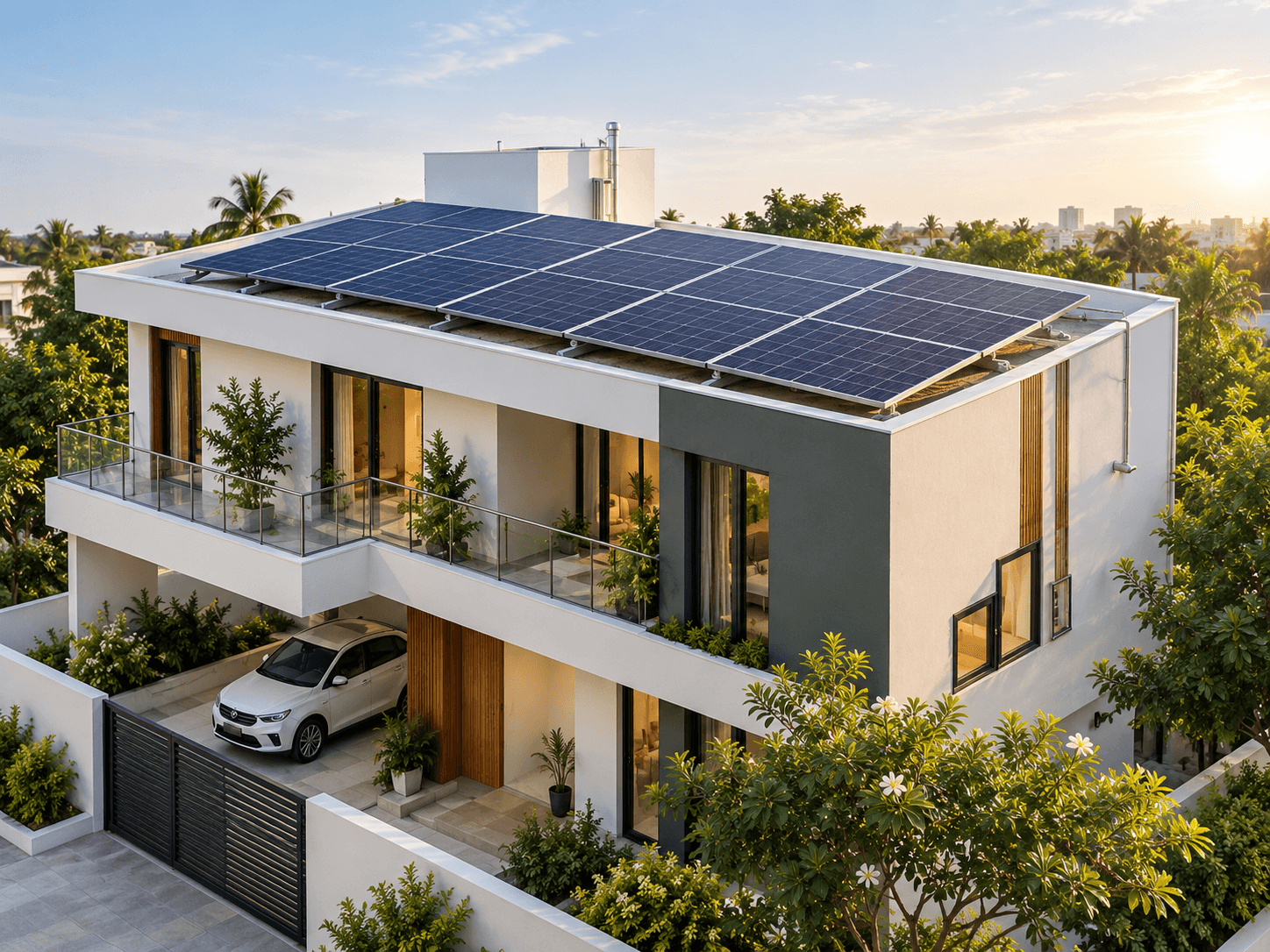 Illustrative modern residential home with rooftop solar panels