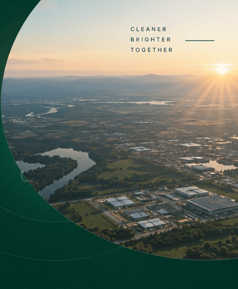 Illustrative aerial view of an industrial area at sunrise